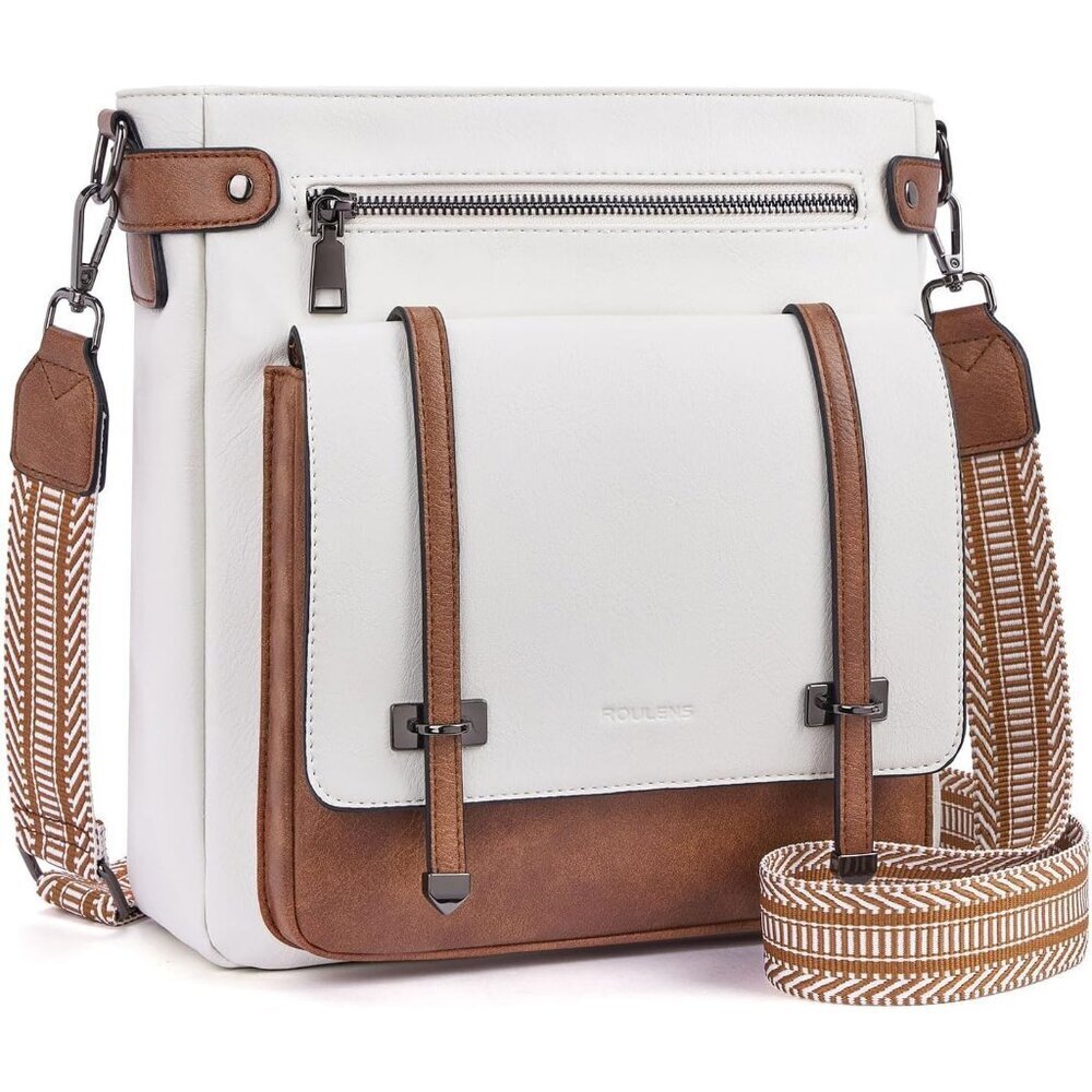 Women’s Beige/Brown Leather Purses Multi-Pocket Adjustable Strap Crossbody Bags